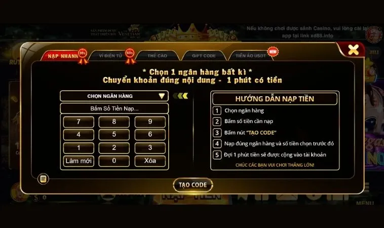 Nạp Tiền XocDia88: Nạp Tiền Thông Minh, Chơi Game Hiệu Quả 2 Giao diện nạp tiền XocDia88